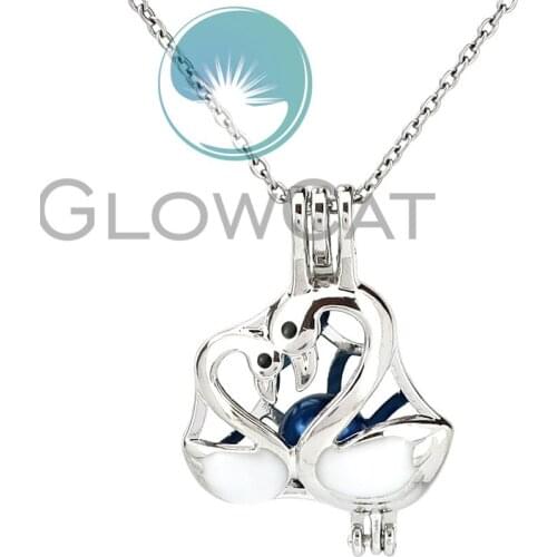 White Enamel Love Couple Swan Beads Cage Locket Pendant Perfume Diffuser Pearl Cage Necklace KK1069