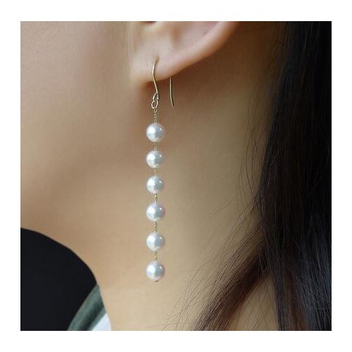 Classic 5.5-7.5MM AAA White Real Akoya Pearl Long Drop Earrings 14K Yellow Gold