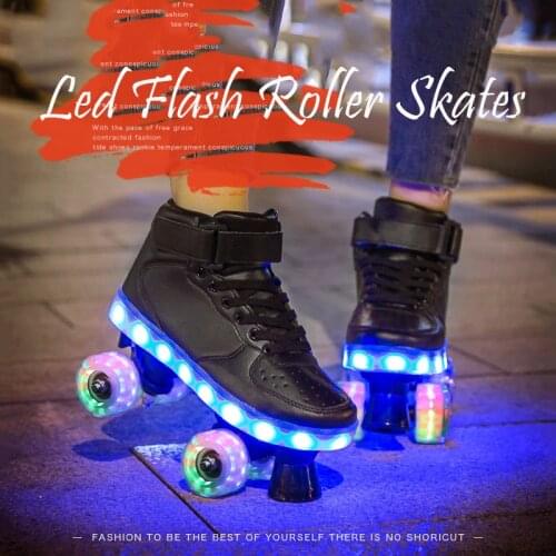 2021 New Led Rechargeable 7 Colorful Flash Shoes Double Row 4 Wheels Roller Skates Women Man Kids Patines Rollerblading Sneakers