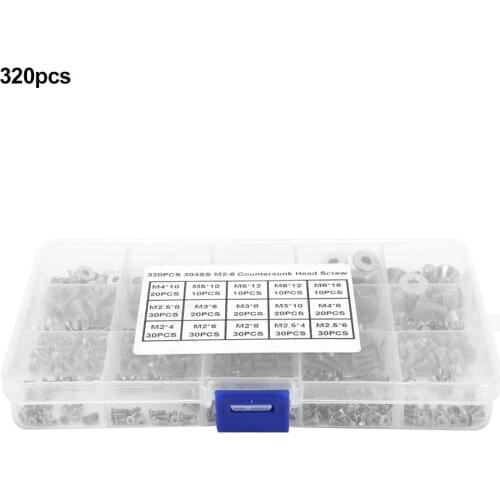320pcs M2-M6 Hex Socket Flat Head Stainless Steel SS304 Screw Bolt Assortment Set