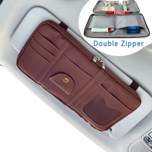 New Car Sun Visor Organizer Storage Holder Car Styling Visor Clip Sunglasses Holder Card Ticket Double zipper Storage Bag Pouch