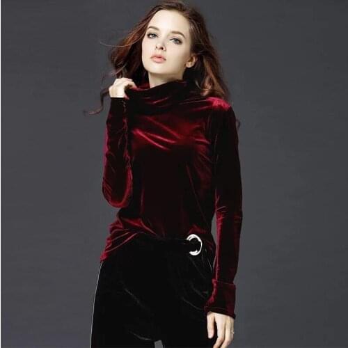 2020 Autumn Women Velvet Shirts Solid Loose Slim Basic Shirts Office Lady Long Sleeves Turtleneck Velour Tops Plus Size M-8XL