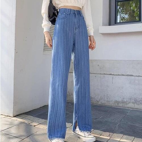 Autumn 2021 New European Style Womens Jeans Denim High Waist Stripe Blue Straight Trousers Casual Clothes