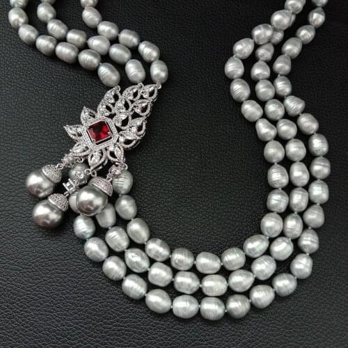 22" 3 Strands Gray Rice freshwater Pearl Necklace Sea Shell Pear Cubic Zirconia flame shape connector necklace for women