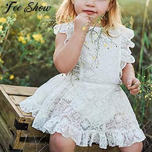FEESHOW Newborn Baby Girls Lace Romper Dresses Infant Sleeveless Princess Dress Tulle White Party Wedding Summer Dress Clothes