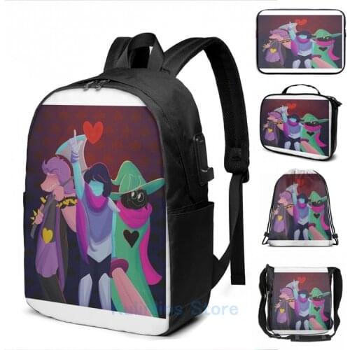 Funny Graphic print Deltarune Gang USB Charge Backpack men School bags Women bag Travel laptop bag