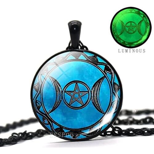 Glow In The Dark Triple Moon Goddess Pendant Necklace Wicca Pentagram Amulet Necklace Luminous Wiccan Jewelry