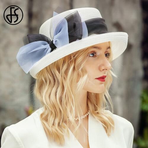 FS Wide Brim Summer Fashion White Straw Sun Hat Beach Women Fashion UV Protect Travel Cap Lady Cap Bow Chapeau Femme Female