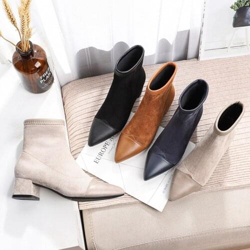 Women Boots Ankle Short Boots Flock Pointed Toe Square Heels Winter Booties Woman Nice Slip On Women Boots Black Beige