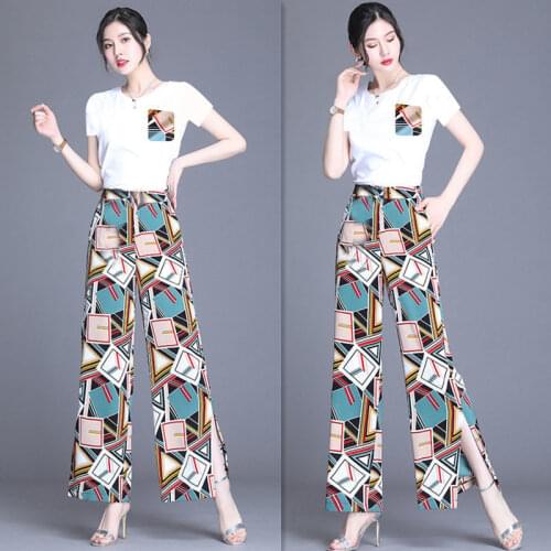 Single/Suit Cotton T-Shirt+Chiffon Print Wide Leg Pants Sets Lady Summer Drape Straight Pant Two Piece Set Women Plus Size Sets