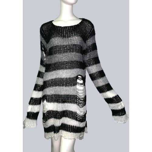 Plus Size Long Unisex Sweater Gothic Hollow Out Hole Broken Jumper Loose Thin Sweater Dress 2021 Women Man Striped Knitwear