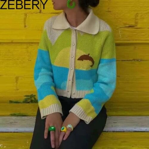 ZEBERY High Quality Women Winter Cardigans with Turn-down Collar Seaside Scenery Print Long Sleeve Knitted Outwear Green Coat