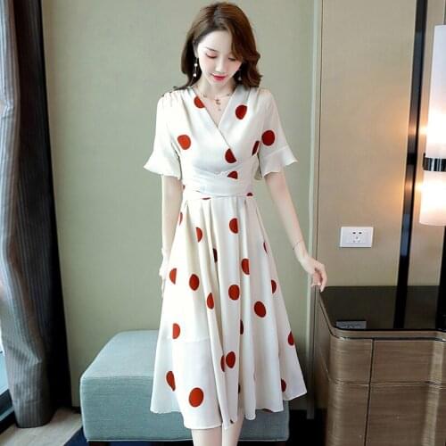 Women Dress 2021 Summer New Dot V-Neck High Waist Belt Slim Print Elegant Party Classy Long Maxi Skirts Short Sleeve Clothing