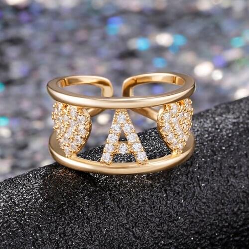 Shining Pavé CZ Adjustable Initial Letter Rings For Women Simple Fashion Jewelry Opening Cuff Adjustable Ring Friendship Gift