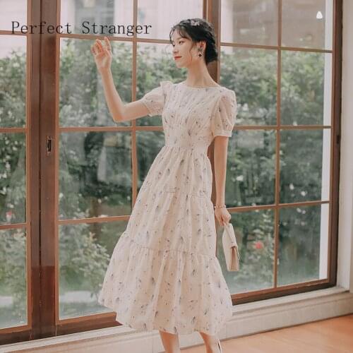 2021 Summer New Arrival Vintage Hot Sale Round Collar Collect Waist Flower Printed Women Chiffon Long Dress