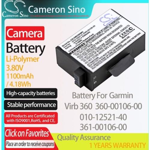 CameronSino Battery for Garmin Virb 360 fits Garmin 010-12521-40 360-00106-00 361-00106-00 camera battery 1100mAh/4.18Wh 3.80V