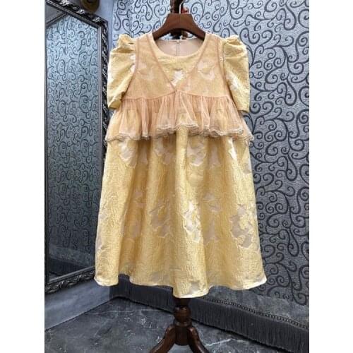 Ball Gown Dress 2021 Autumn Fashion Style Women V-Neck Vintage Jacquard Floral Print Sexy Tulle Mesh Patchwork Sweet Cute Dress