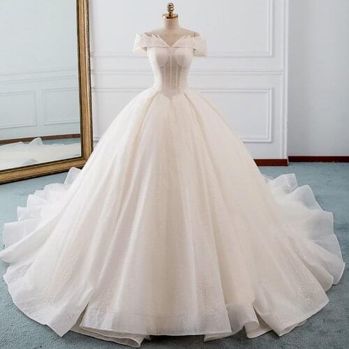 Boat Neck Short Sleeve Sparkly Ball Gown Wedding Dresses Vestidos de Noiva Bridal Dress Luxury Robe de Mariee