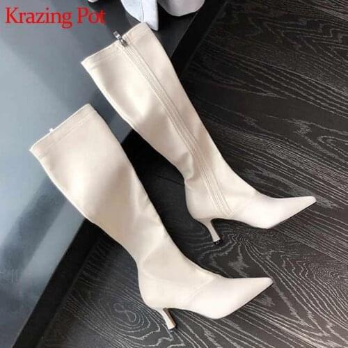 Krazing pot cow leather brand shoes stovepipe pointed toe stiletto high heels concise design winter beauty knee-high boots l22