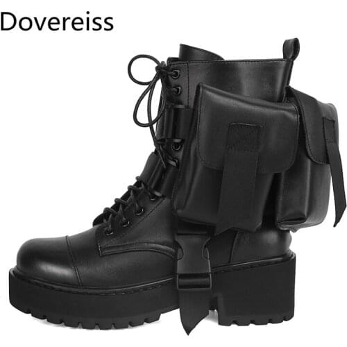 Dovereiss Fashion Womens Shoes Winter new Elegant Buckle Round toe Platform Matin boots Cross tied Concise Mature 34-45