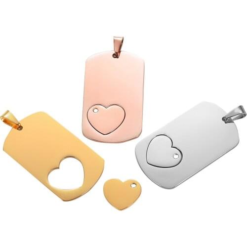 Dropshiping Stainless Steel ID Name Blank Dog Tags Pendant Mirror polished Rectangle Love Heart Combination Necklace Jewelry