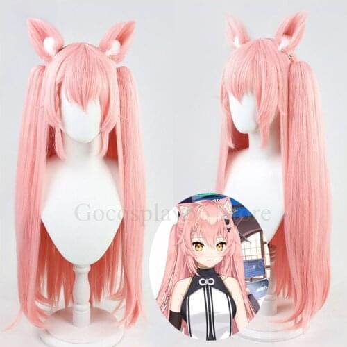 Hololive VTuber Hiiro Wig Ears YouTuber Hiifan Cosplay 80cm Long Pink Straight Ponytails Synthetic Hair Role Play