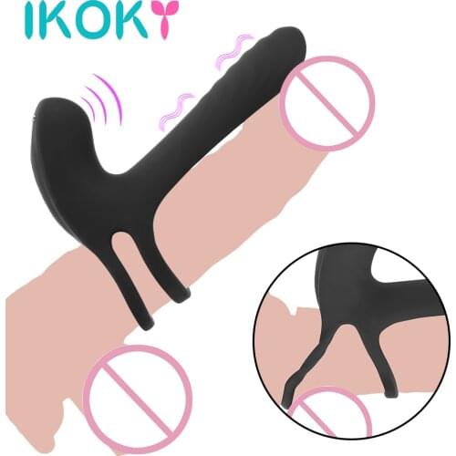 IKOKY Couple Share Vibrating Ring Delayed Ejaculation Erection Sex Toys For Men Clitoris Stimulator Male Penis Ring Vibrator