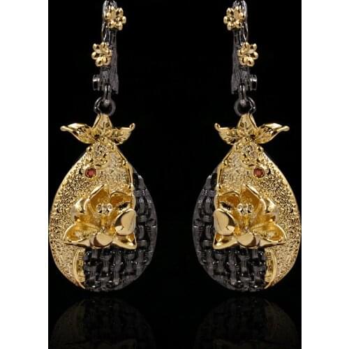 Exquisite Bohemian Style Embossed Carved Flower Drop Earrings Black Gold Two-tone Luxury Creative Jewelry 925 Silver Earrings