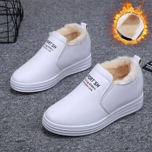Quality PU Leather Boots Women Warm Plush Fur Female Snow Boots Ladies Invisible Increase Platform White Shoes Woman Thick Heels