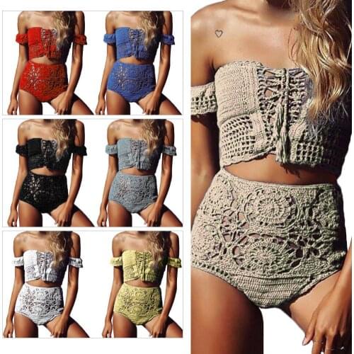 2Pcs Bikini Set Women Bohemian Crochet Hollow Bandage Bra High Waist Briefs Bikini Swimsuit Bathing Suit Female Summer Swimwear