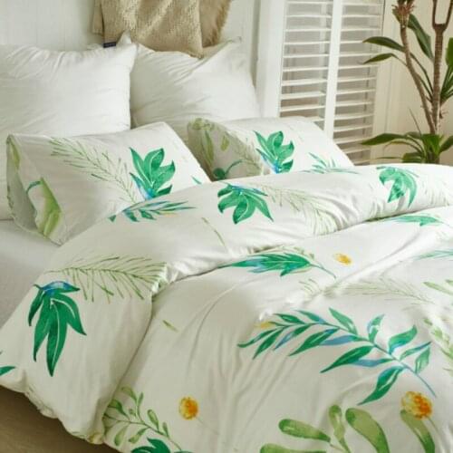 Pastoral Queen King Size Bedding Sets for Adults Green Leaves Printing Sanding Breathable Duvet Cover Set Bedroom Decor