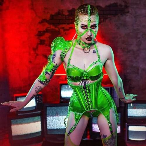 Future Technology Costumes Nightclub Bar Sexy Fluorescent Green Bikini Girdle Female Singer Ds Party Halloween Clothes DWY4444