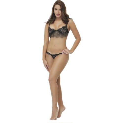 Eyelash Lace Underwear Women Sexy Lingerie Set Hot Erotic Thong Sex Bustier Corset Top Tight Bra Transparent Ladies Panties Sexi