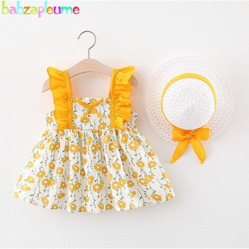 2Piece Summer Set Newborn Clothes Cute Flowers Cotton Sleeveless Baby Girls Princess Dress+Sunhat 1st Birthday Dresses BC1873-1