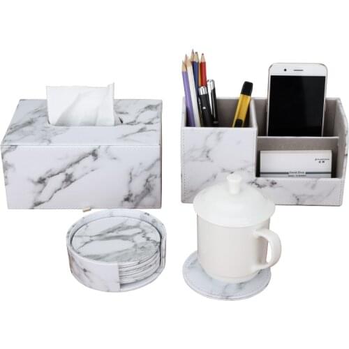 Fashion Marble Desk Organizer Sets with PU Leather Tissue Box, 6 Pcs/Set Cup Coaster/Tea Mats, Marble Pen Holder