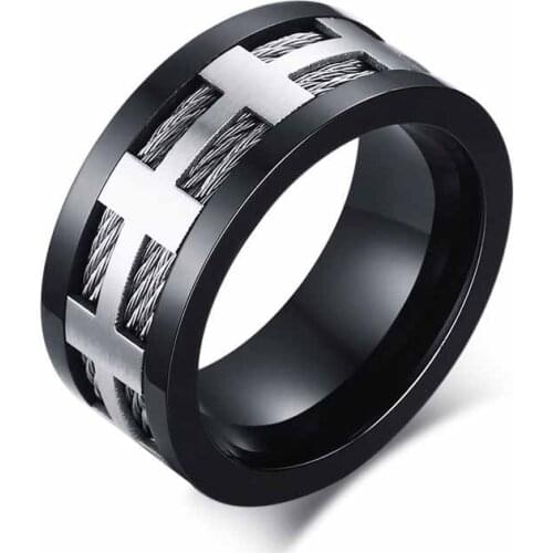 EAMIOR Trendy Individual Beautiful 10 mm Cross Men Wia Ring 316 L Stainless Steel Finger Jewelry Black Jewelry Christmas Gift