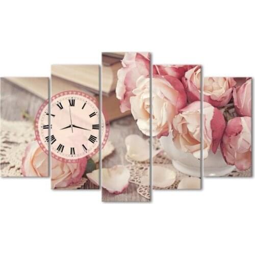 Özverler Pink Roses 5 Piece Clocks Canvas Table wall clock