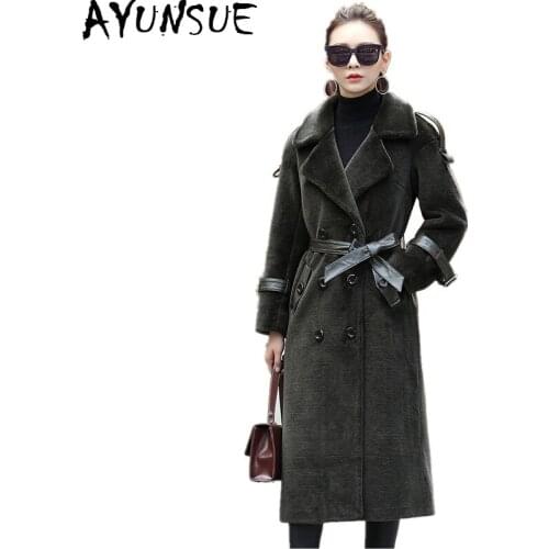 AYUNSUE Women Sheep Shearing Coats Thick Real Wool Fur Coat Women 2020 Warm Winter Jacket Long Trench Female With Belt F-706
