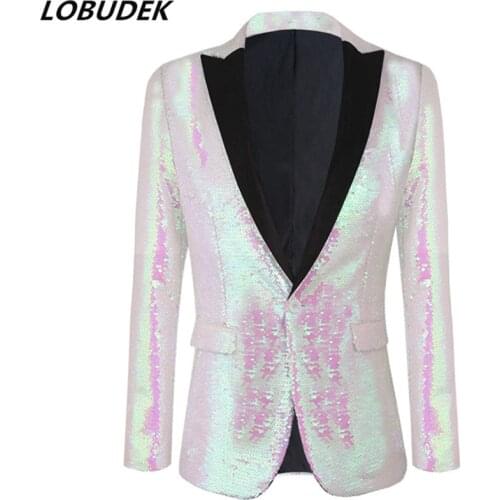 Pink White Shawl Collar Shiny Sequins Suit Jacket Fashion Men Wedding Groom Tuxedo Blazers Bar Club Singer Host Stage Suit-Coat