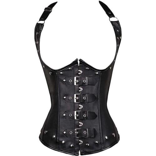 Sexy Womens Jacket Tank Underbust Steel Boned Corset Faux Leather Bustier Vest Front Buckle Rivet Steampunk Gothic Corsets S-6XL