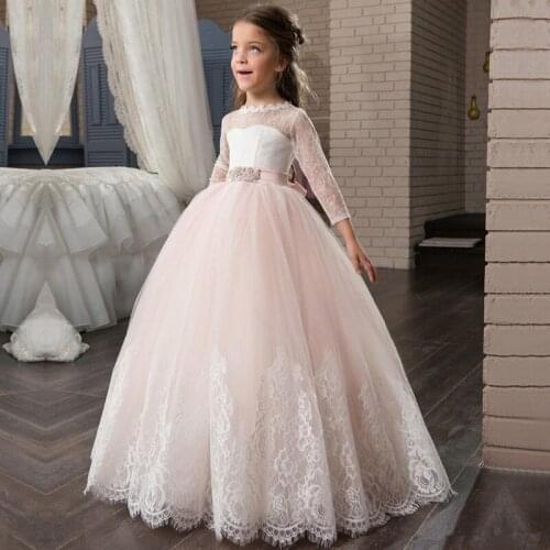 Princess Pink Flower Girls Dresses Holy Communion Clothes Lace Long Sleeve Beaded Puffy Ball Gown Prom Pageant Skirt For Kids