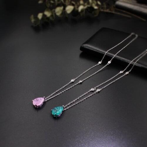 Crystal glass Fusion stone Water Drop Pendant Necklaces with Milky green or pink cubic zirconia fashion jewelry for women Gifts