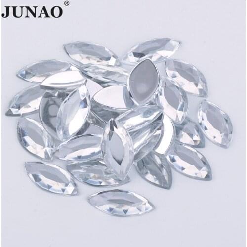 JUNAO 12*25mm Clear Acrylic Rhinestones Horse Eye Strass Crystal Glue On Beads for Clothing Flat Back Jewelry Making Stones