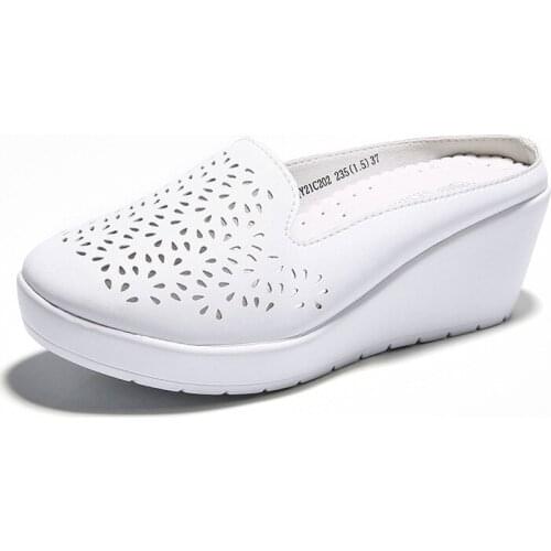 Summer Woman Flip Flop Hollow Out Baotou Sandals Cowhide Embroidered Single Shoes Slope Heel Thick Bottom Light Womens Sandals