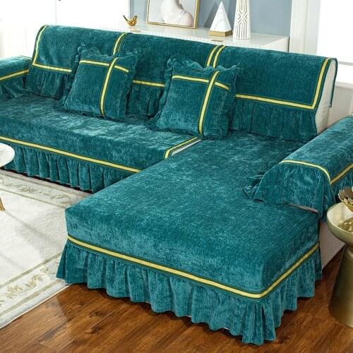 High Quality Green Chenille Sofa Cover Soft Comfortable Sofa Towel Non-slip Cushion Pillow Case Combination Kit Thick Sofa Set 3
