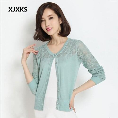XJXKS new 2018 Spring lace cardigan Korea style women sweater thin long-sleeve knitted sweater wool cardigan women clothing