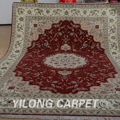 Yilong 9'x12' isfahan wool silk carpet red handmade exquisite modern wool silk rugs (1363)