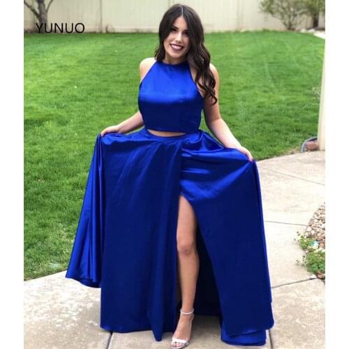 YUNUO Two Pieces Long Prom Dresses 2021 Royal Blue Halter A Line Formal Evening Dress Floor Length Womens Satin Party Gowns