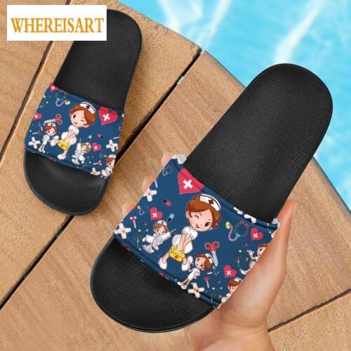 WHEREISART Funny Cartoon Nurse Care Design Women Home Footwear Casual Slippers Anti Slip Customized Bedroom Flip Flop 2021 New