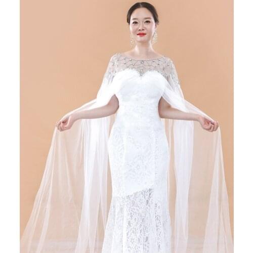ZMG14T Cathedral Long Bridal Shawl Tulle Diamond Appliqued Wedding Wrap Cloak Cape with Rhinestones Vintage Tassels cape